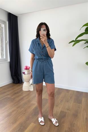 Ressa Mavi Denim Kısa Tulum