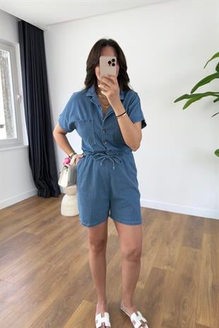 Ressa Mavi Denim Kısa Tulum