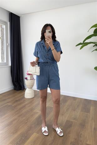 Ressa Mavi Denim Kısa Tulum