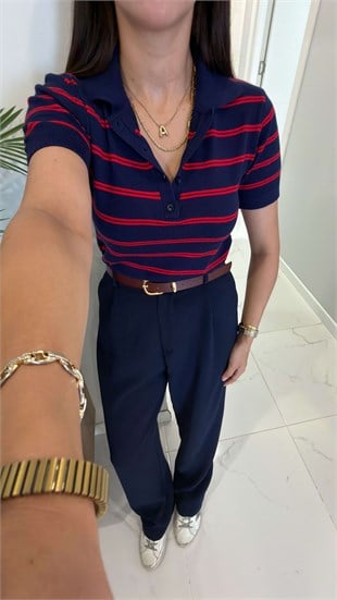 Retra Lacivert Çizgili Polo Yaka Kısa Kollu Triko