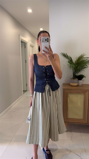 Ridda Lacivert Önden Bağcıklı Denim Bluz