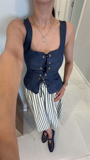 Ridda Lacivert Önden Bağcıklı Denim Bluz