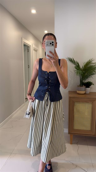 Ridda Lacivert Önden Bağcıklı Denim Bluz