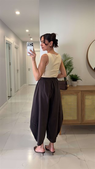 Ridle Acı Kahve Beli Lastikli Tensel Kumaş Şalvar Pantolon