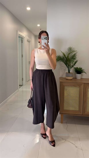 Ridle Acı Kahve Beli Lastikli Tensel Kumaş Şalvar Pantolon