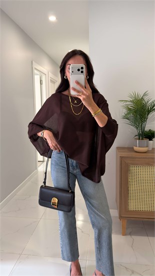 Ridra Kahve Lastik Kollu Oversıze Pelerin Triko