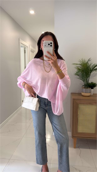 Ridra Pembe Lastik Kollu Oversıze Pelerin Triko