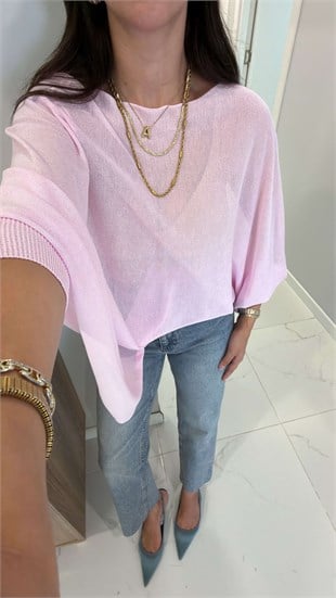 Ridra Pembe Lastik Kollu Oversıze Pelerin Triko