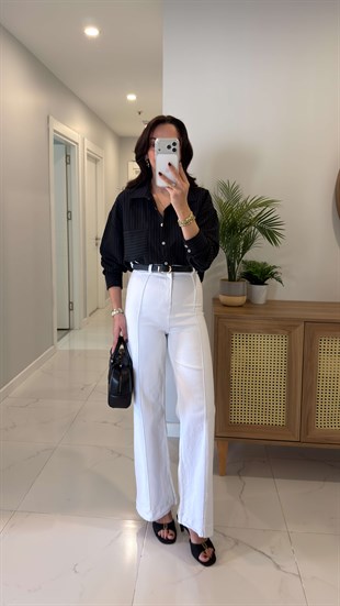 Rinno Beyaz Çımalı Extra Yüksek Bel Kemerli Jean