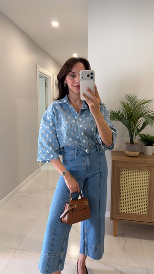 Riols Mavi Dantel Astar Detaylı Denim İthal Gömlek