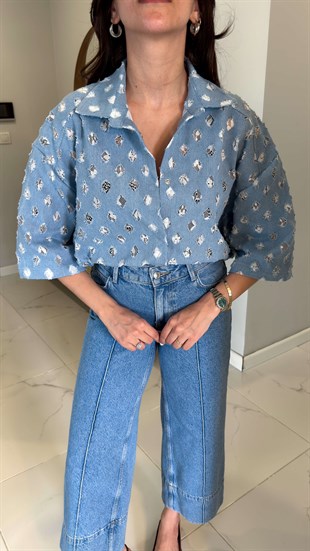 Riols Mavi Dantel Astar Detaylı Denim İthal Gömlek