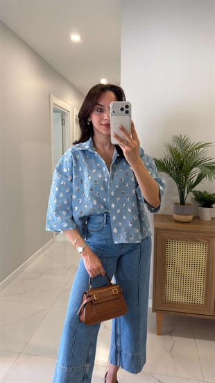 Riols Mavi Dantel Astar Detaylı Denim İthal Gömlek