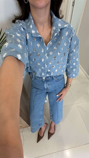 Riols Mavi Dantel Astar Detaylı Denim İthal Gömlek