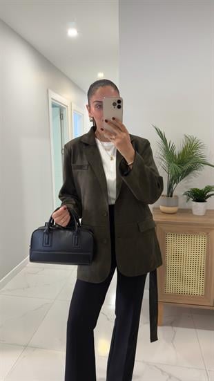 Risan Haki Kuşaklı Süet Ceket