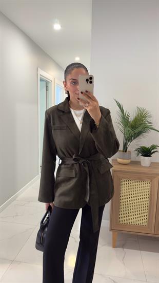 Risan Haki Kuşaklı Süet Ceket