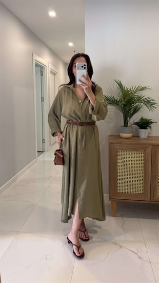 Rislan Haki Premium Kemerli Elbise