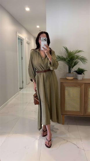 Rislan Haki Premium Kemerli Elbise