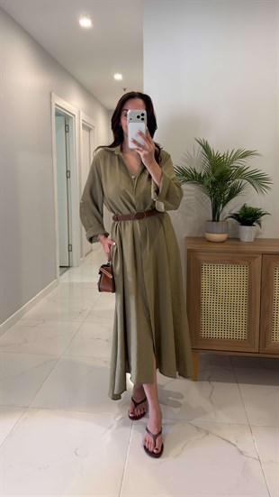 Rislan Haki Premium Kemerli Elbise