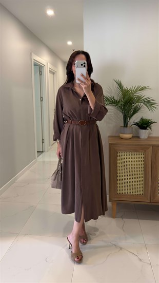 Rislan Kahve Premium Kemerli Elbise