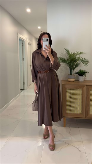 Rislan Kahve Premium Kemerli Elbise
