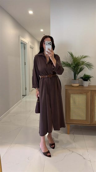 Rislan Koyu Kahve Premium Kemerli Elbise
