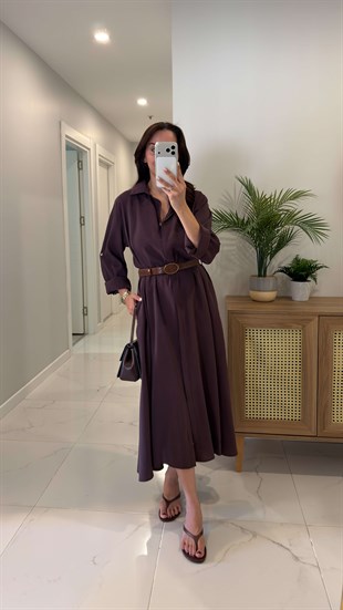 Rislan Mürdüm Premium Kemerli Elbise