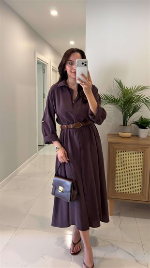 Rislan Mürdüm Premium Kemerli Elbise