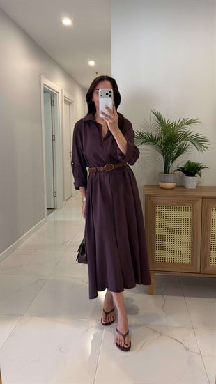 Rislan Mürdüm Premium Kemerli Elbise