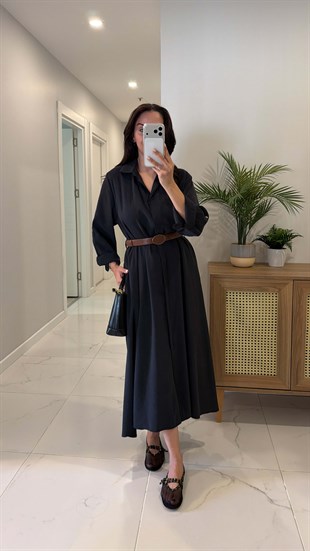 Rislan Siyah Premium Kemerli Elbise