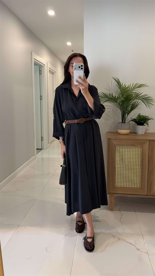 Rislan Siyah Premium Kemerli Elbise