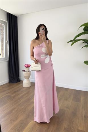 Rita Pembe Tek Omuz Pencere Detaylı Etek Astarlı Elbise