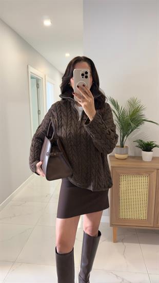 Ritonya Kahve Melanj Saç Örgülü Fermuarlı Triko