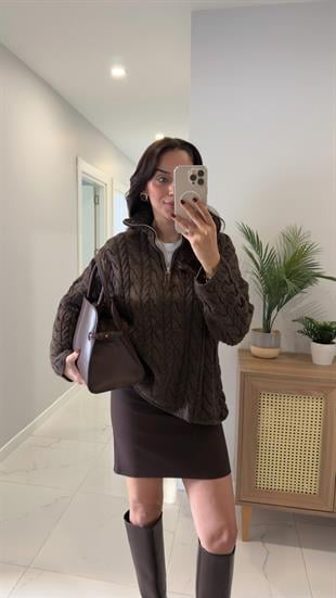 Ritonya Kahve Melanj Saç Örgülü Fermuarlı Triko