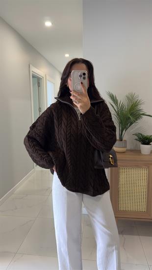 Ritonya Koyu Kahve Saç Örgülü Fermuarlı Triko