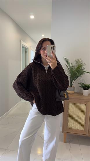 Ritonya Koyu Kahve Saç Örgülü Fermuarlı Triko