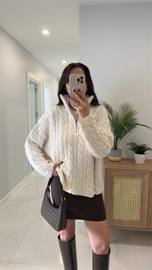 Ritonya Krem Saç Örgülü Fermuarlı Triko