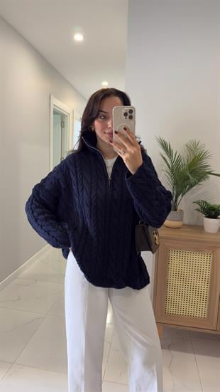 Ritonya Lacivert Saç Örgülü Fermuarlı Triko