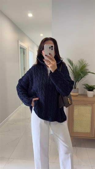 Ritonya Lacivert Saç Örgülü Fermuarlı Triko