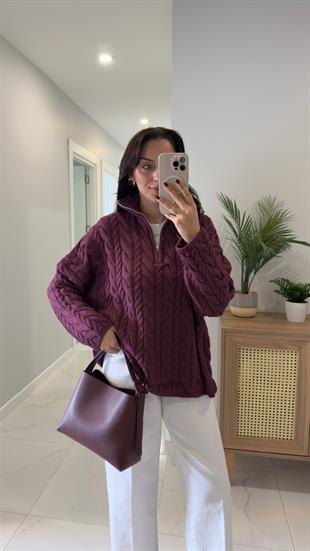 Ritonya Vişne Çürüğü Saç Örgülü Fermuarlı Triko