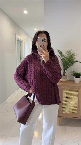 Ritonya Vişne Çürüğü Saç Örgülü Fermuarlı Triko