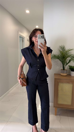 Riwas Dark Blue Vatkalı Yelek Pantolon Takım