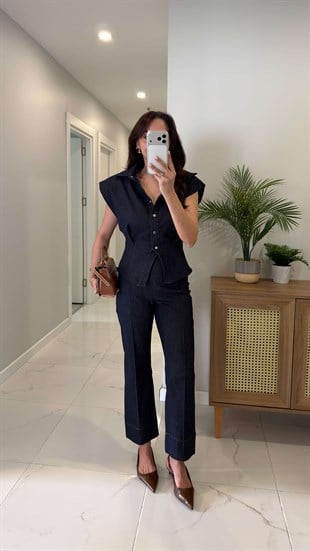 Riwas Dark Blue Vatkalı Yelek Pantolon Takım