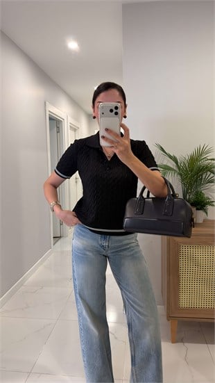 Roden Siyah Polo Yaka Kısa Kollu Triko