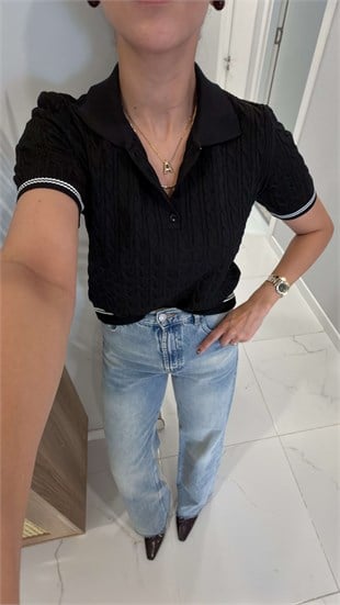 Roden Siyah Polo Yaka Kısa Kollu Triko