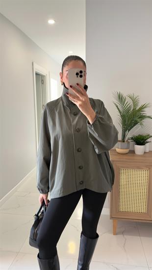 Rome Haki Düğme Detaylı Kısa Trençkot