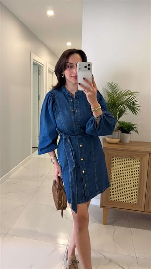 Ronder Lacivert Düğmeli Kuşaklı Denim Elbise
