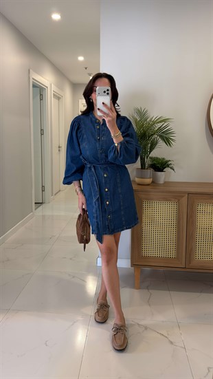 Ronder Lacivert Düğmeli Kuşaklı Denim Elbise