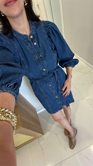 Ronder Lacivert Düğmeli Kuşaklı Denim Elbise