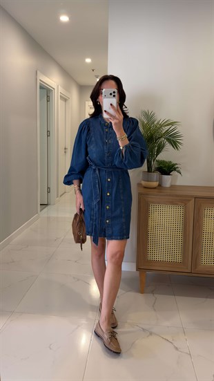 Ronder Lacivert Düğmeli Kuşaklı Denim Elbise