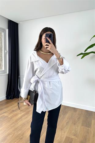 Rossa Beyaz Kuşaklı Poplin Gömlek